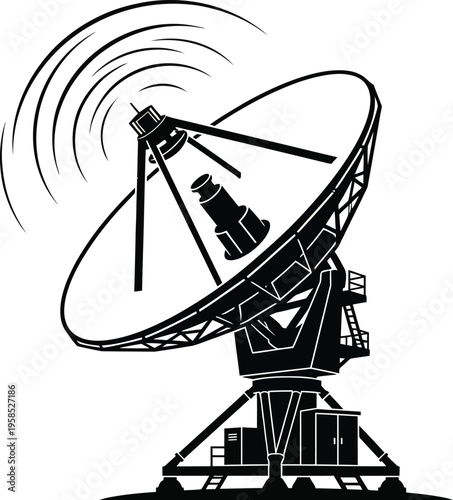 Large satellite dish antenna transmitting signals into the sky