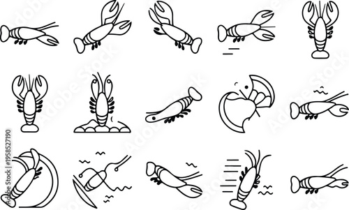 Lobster Silhouette Icon Collection Set