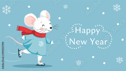 Adorable cartoon mouse wearing a blue coat and red scarf ice skating on a snowy background with Happy New Year text greeting.