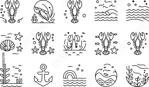 Lobster Silhouette Icon Collection Set