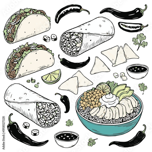 Illustration of various mexican food items including tacos and burritos