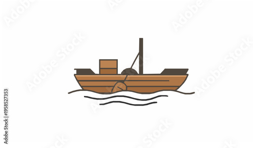 Minimal Wooden Paddle Boat Icon on Water Vector Illustration
