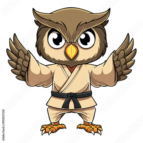 cute mascot owl in the exact same soft 3D plush style as reference owl, wearing a beige karate kimono