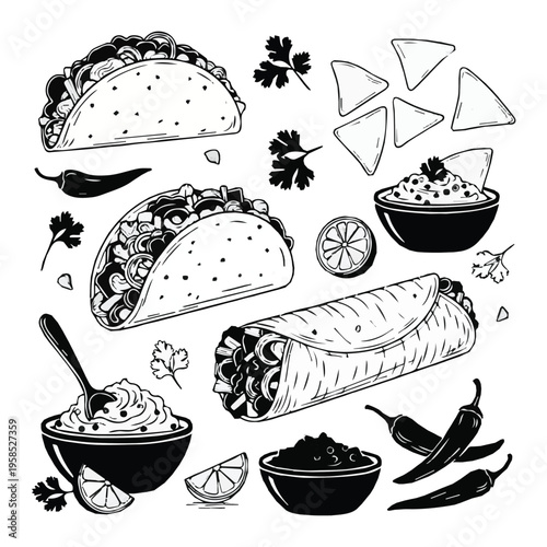 Black and white illustration of various mexican food items and ingredients
