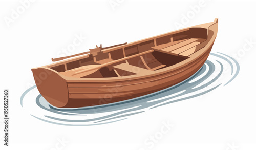 Wooden Row Paddle Boat Angled View on Water Vector Illustration