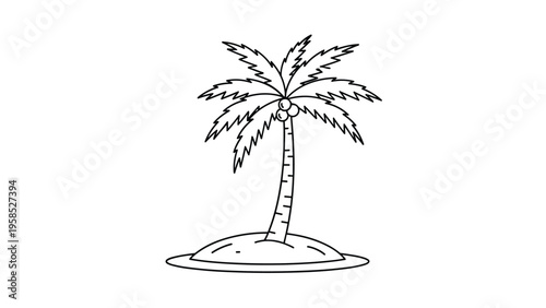 Simple black line drawing of a lone palm tree with coconuts on a small sandy island surrounded by ocean water on white background.