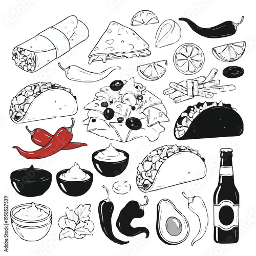 Black and white food illustrations with red pepper