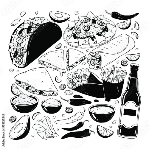 Black and white illustration of various mexican and asian foods and drink