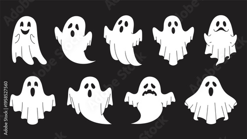 Diverse set of white cartoon ghosts with various spooky and funny facial expressions arranged on a solid black background for Halloween.