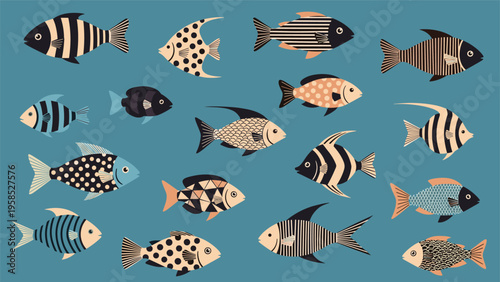 Colorful seamless pattern with various stylized fish decorated with dots, stripes, and geometric patterns on a calm teal background.