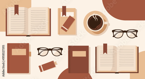 A cluttered desk with books, coffee, and glasses scattered across it.