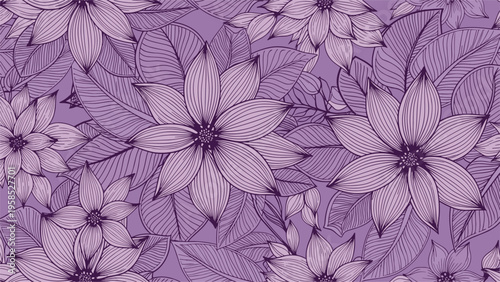 Sophisticated seamless pattern with large detailed flowers and leaves in shades of purple and violet with intricate engraving textures.