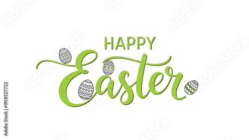 Festive Happy Easter lettering in bright green with small decorated egg illustrations on a clean white background for greeting cards.