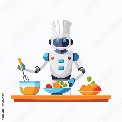 Robot Chef Cooking Healthy Food With Fresh Ingredients.