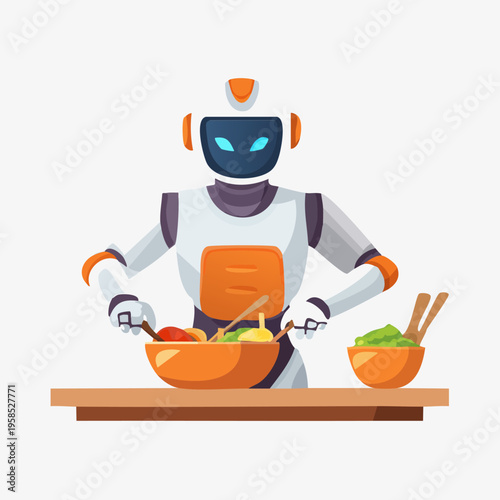 Robot Chef Preparing a Meal in a Modern Kitchen.