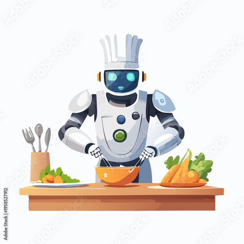 Robot chef preparing healthy meal in kitchen.