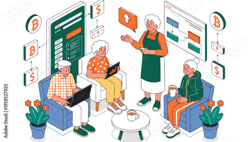 Senior Citizens Learning Cryptocurrency and Blockchain Technology in Isometric 3D Style Seminar