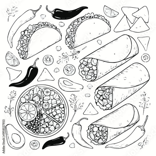 Variety of mexican food including tacos and burritos with toppings