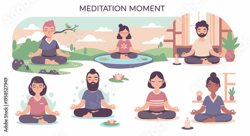 People meditate peacefully outdoors in a serene natural setting with trees and plants