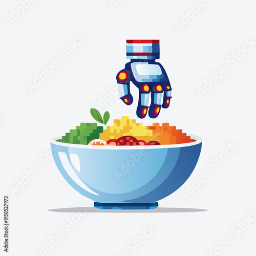 Robot Hand Preparing a Healthy Salad Bowl.
