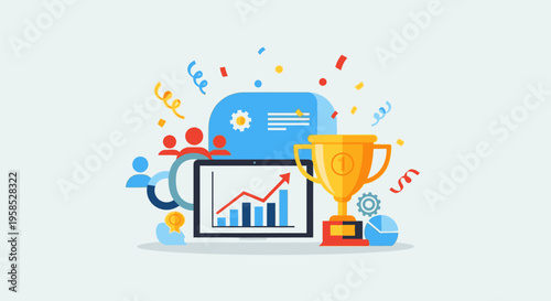 A colorful illustration of a tablet displaying a graph surrounded by confetti, a trophy, and a blue speech bubble in a celebratory scene.