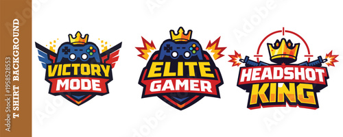 Colorful gaming logo badges with video game controller crown and explosive effects for esports players and streamers