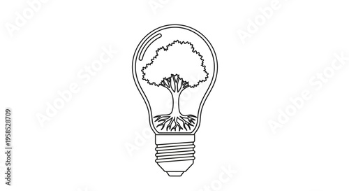 An illustration of a tree grows inside a lightbulb on a desk in a office with technology and nature elements around it with a hobby feel to it.