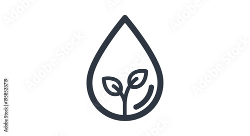 A minimalist line drawing depicts a teardrop-shaped leaf cradling a sprouting plant within its rounded form on white background.