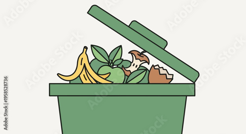 An open green compost bin filled with banana peels, apple cores and coffee grounds on a kitchen countertop.