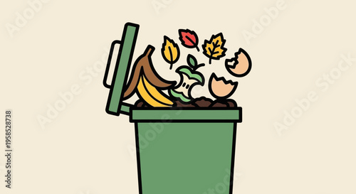 A green trash can overflowing with food waste including a banana peel eggshells and leaves in a kitchen environment from a side viewpoint