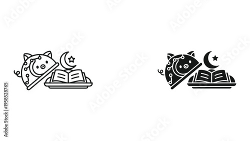 Pig Coin Bank Open Book Crescent Moon Finance Concept