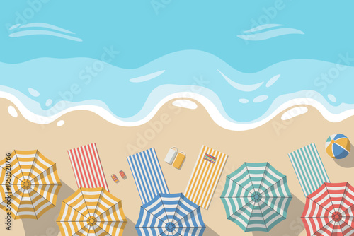 beach scene with colorful umbrellas and towels on sand