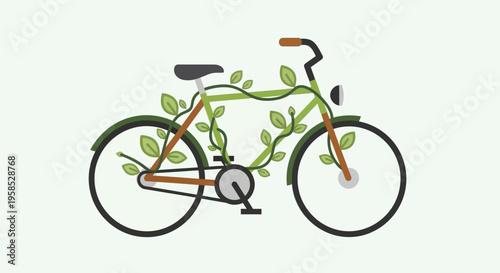 A colorful bicycle with green leaves and orange accents on a light green background showcases an eco-friendly transportation option with nature.