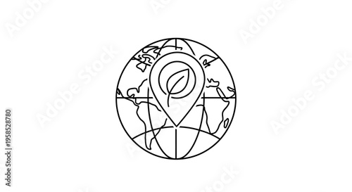 Minimalist line drawing of a globe with a location pin featuring a leaf symbol on a white background, conveying eco-friendly travel and exploration in a simple, modern artistic style.