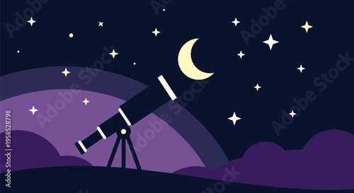 A telescope points towards a crescent moon under a starry night sky with a purple sunset