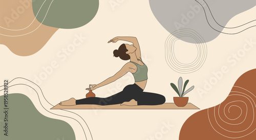 Woman doing yoga in a serene indoor setting with plant
