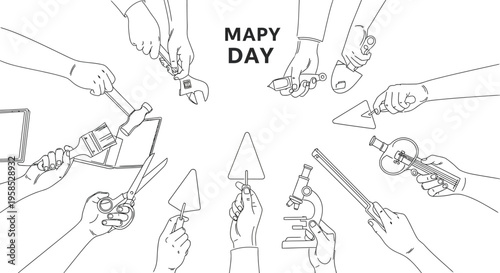 Diverse hands holding an assortment of tools and equipment, symbolizing the essential contributions of various professions and labor on May Day.
