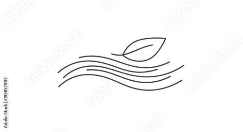 Minimalist line drawing of a single leaf floating on wavy lines, symbolizing nature, ecology, and serenity in a simple artistic style on a white background.