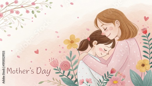 Heartwarming Mother and Daughter Embrace for Mother's Day Celebration Illustration