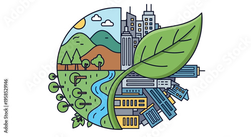 Eco-friendly cityscape with green leaf, nature and urban landscape combined, stylized illustration of environmental harmony and sustainability concept