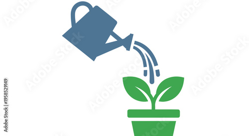 Minimalist flat design icon of a watering can pouring water onto a young green plant sprout in a pot, symbolizing growth and nurturing in a simple artistic style.
