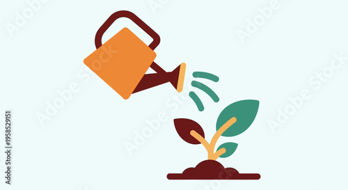 Flat design gardening scene with a watering can pouring water on a young plant growing in soil, simple minimalist style, symbolizing growth and nurturing in a natural environment.