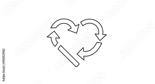 A simple line art icon of a heart shape formed by recycling arrows and a broken pencil, symbolizing eco-friendly creative reuse and sustainable design concept