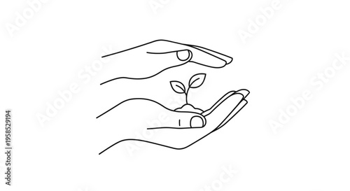 Minimalist line art of two hands cradling a small sprouting plant, symbolizing nurturing and growth in a simple, elegant artistic style.