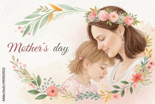 Heartwarming Illustration of a Mother and Daughter Celebrating Mother's Day Together