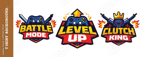 Colorful gaming logo designs with vibrant badges featuring game controllers swords and crowns isolated  perfect for esports teams gaming clans or video game merchandise and apparel printing