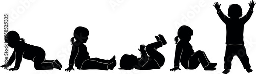 Black silhouettes of babies and toddlers crawling sitting and standing, active infant development stages, cute childhood vector set, kids playing.