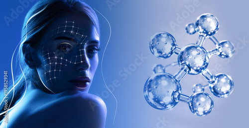 Woman portrait with molecule structure and digital grid highlighting skincare. Concept of cosmetic science, dermatology research, beauty care and advanced treatment.