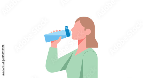 Woman drinking from a blue water bottle in a minimalist modern flat color style, side view, simple character design, hydration concept, wellness, healthy lifestyle, isolated on white backgro