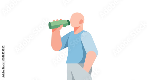 Bald man in casual blue shirt drinking from green bottle, minimalist flat design style, depicting everyday life, hydration concept, simple character